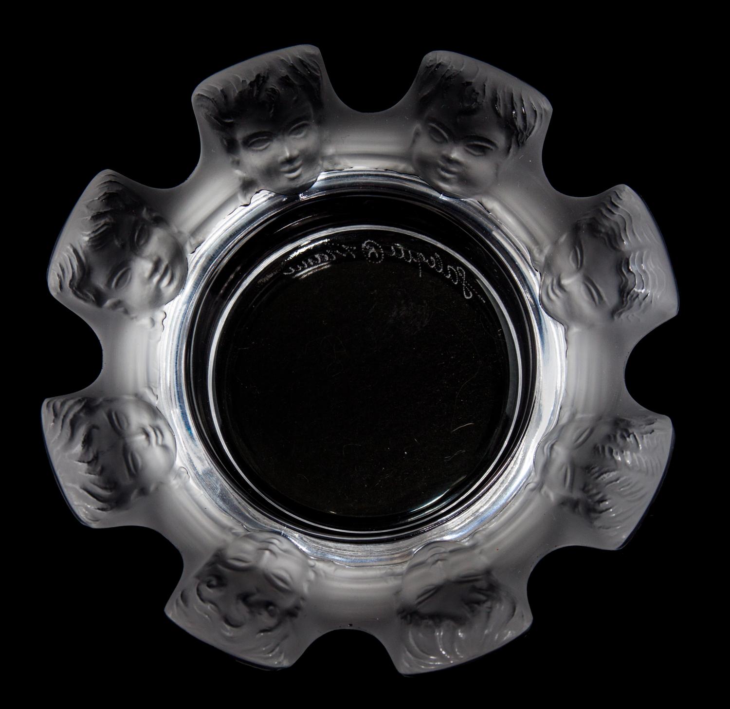 A Lalique Molded and Frosted Glass Ash Receiver Diameter 4 1/2 inches.