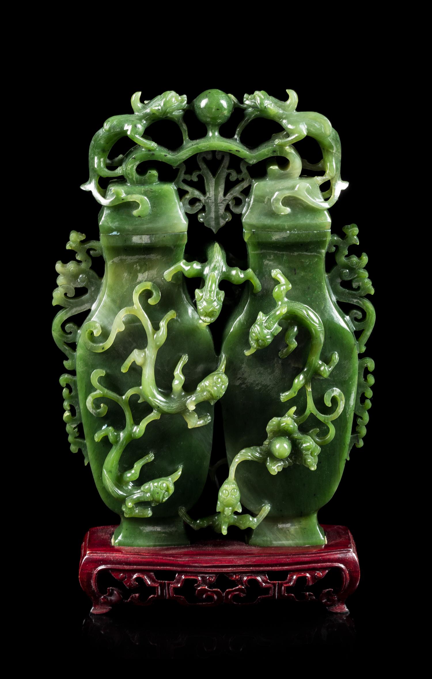 A Spinach Jade Double Vase Height 8 1/2 inches. — 20TH CENTURY