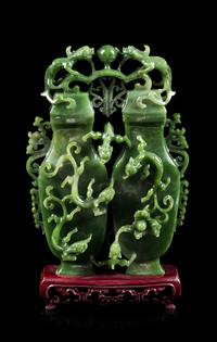 A Spinach Jade Double Vase Height 8 1/2 inches. — 20TH CENTURY