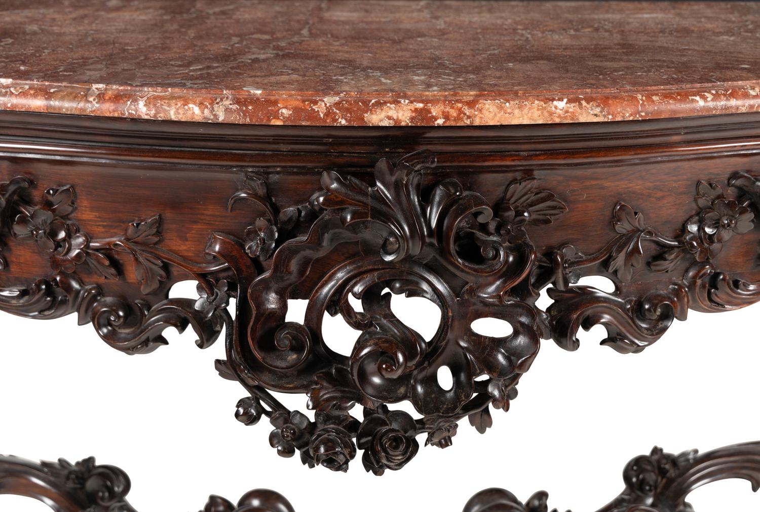 A Pair of English Carved Rosewood Marble-Top Console Tables