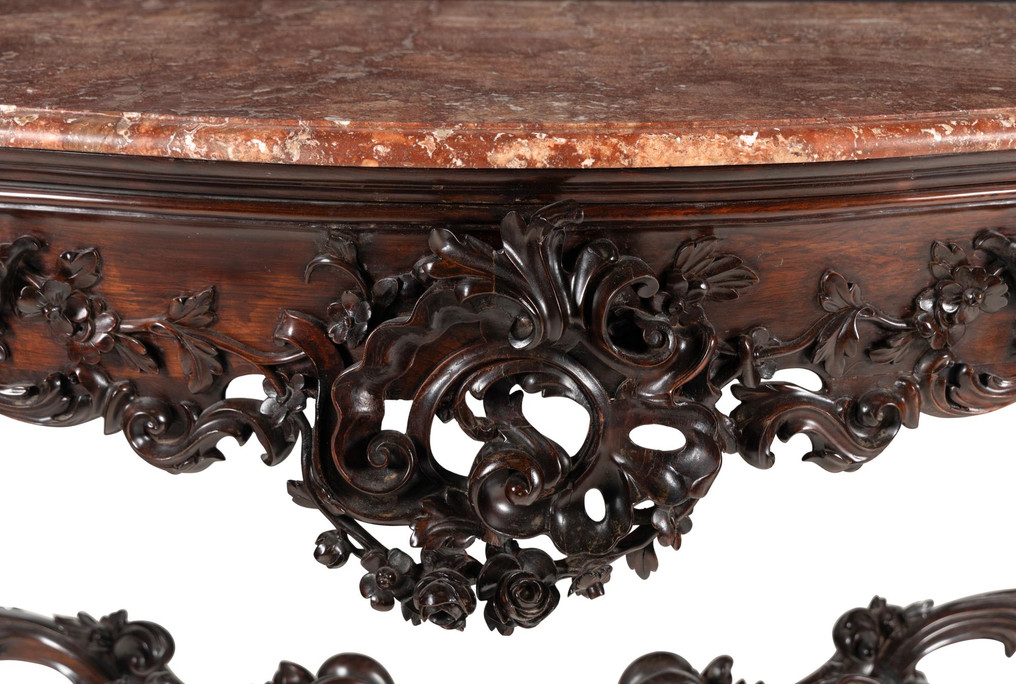 A Pair of English Carved Rosewood Marble-Top Console Tables