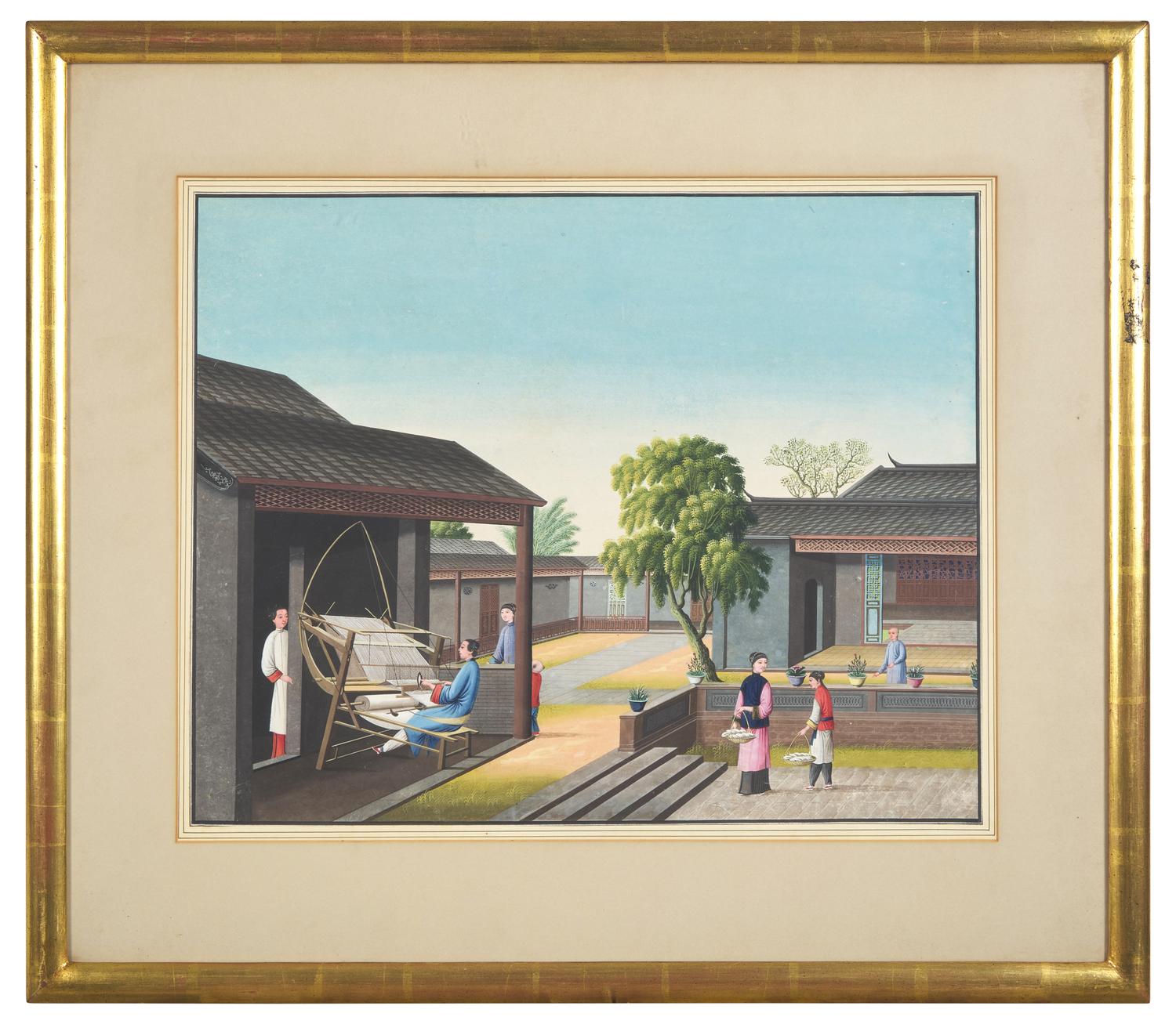 Chinese Export School 19th Century, A Set of Four Paintings Depicting Various Stages of Silk Production