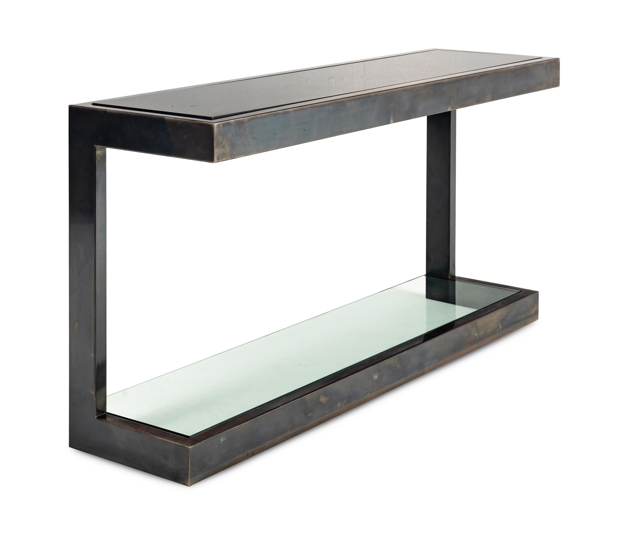A Contemporary Steel, Granite and Glass Console Table