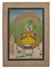 A Painting of The Great Goddess as Indrani, Venerated by the God Indra, Pahari; Panjab Hills, Circa 1800