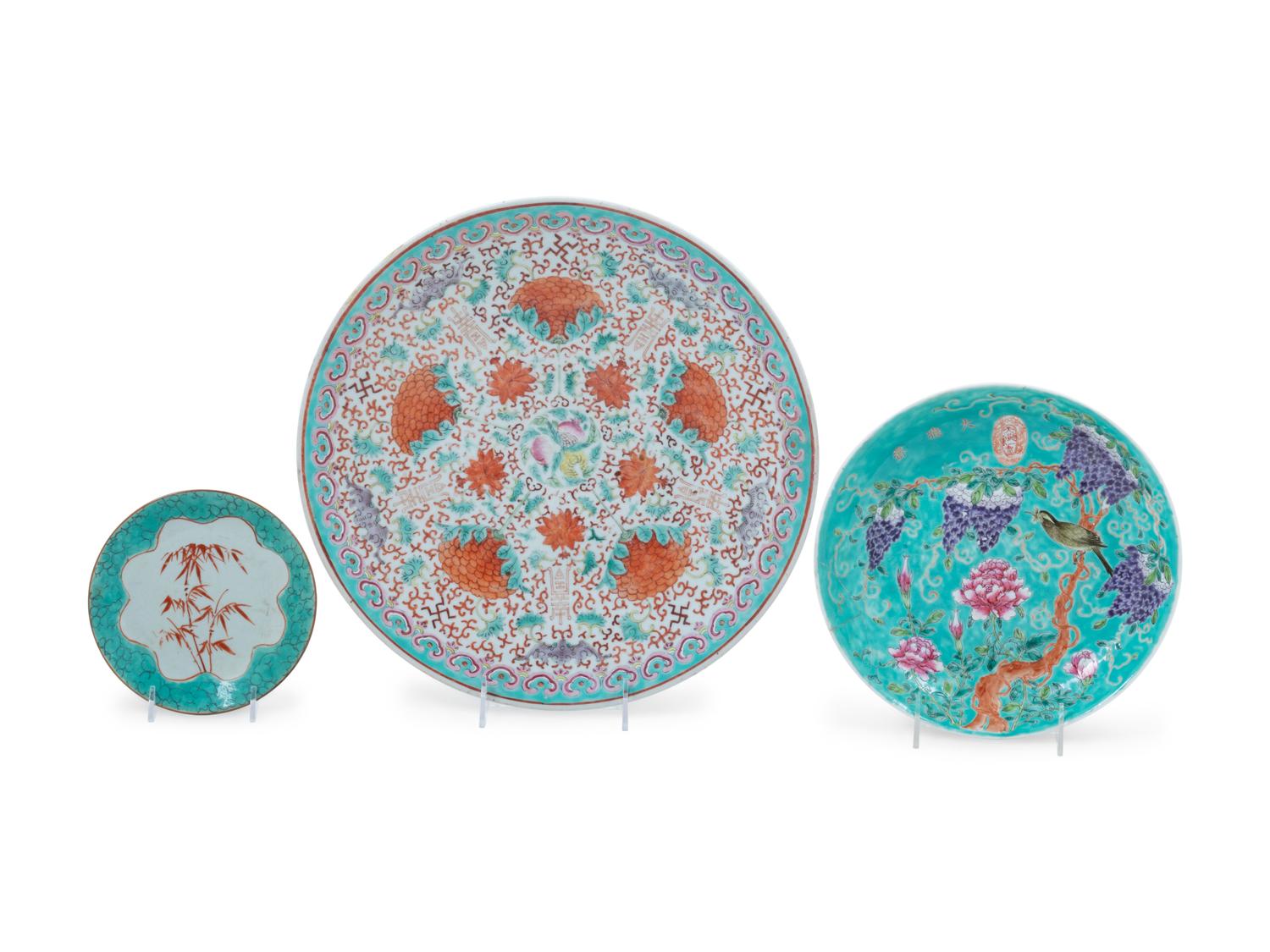 Five Chinese Famille Rose Turquoise Ground Porcelain Articles