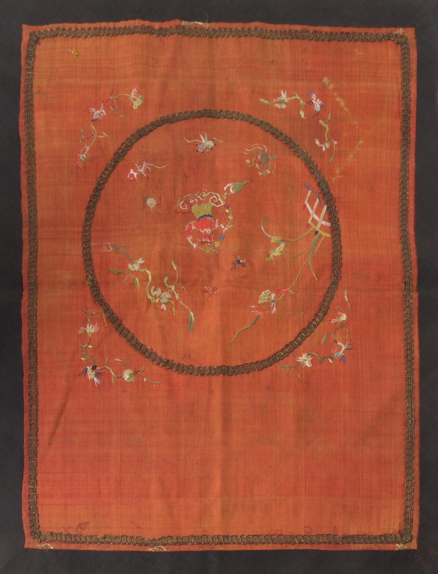 Six Chinese Embroidered Silk Panels Length of largest 26 5/8 inches.