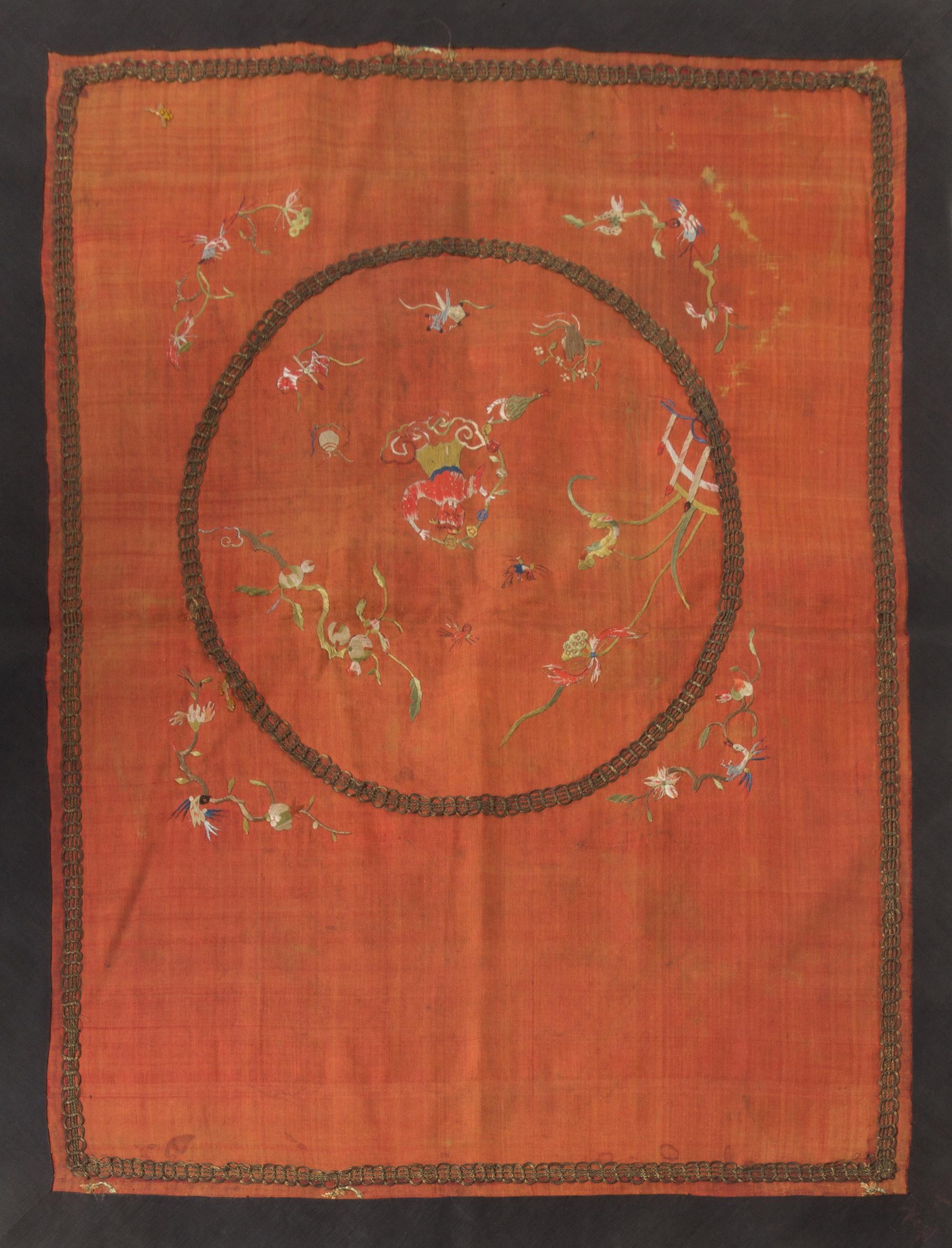 Six Chinese Embroidered Silk Panels Length of largest 26 5/8 inches.