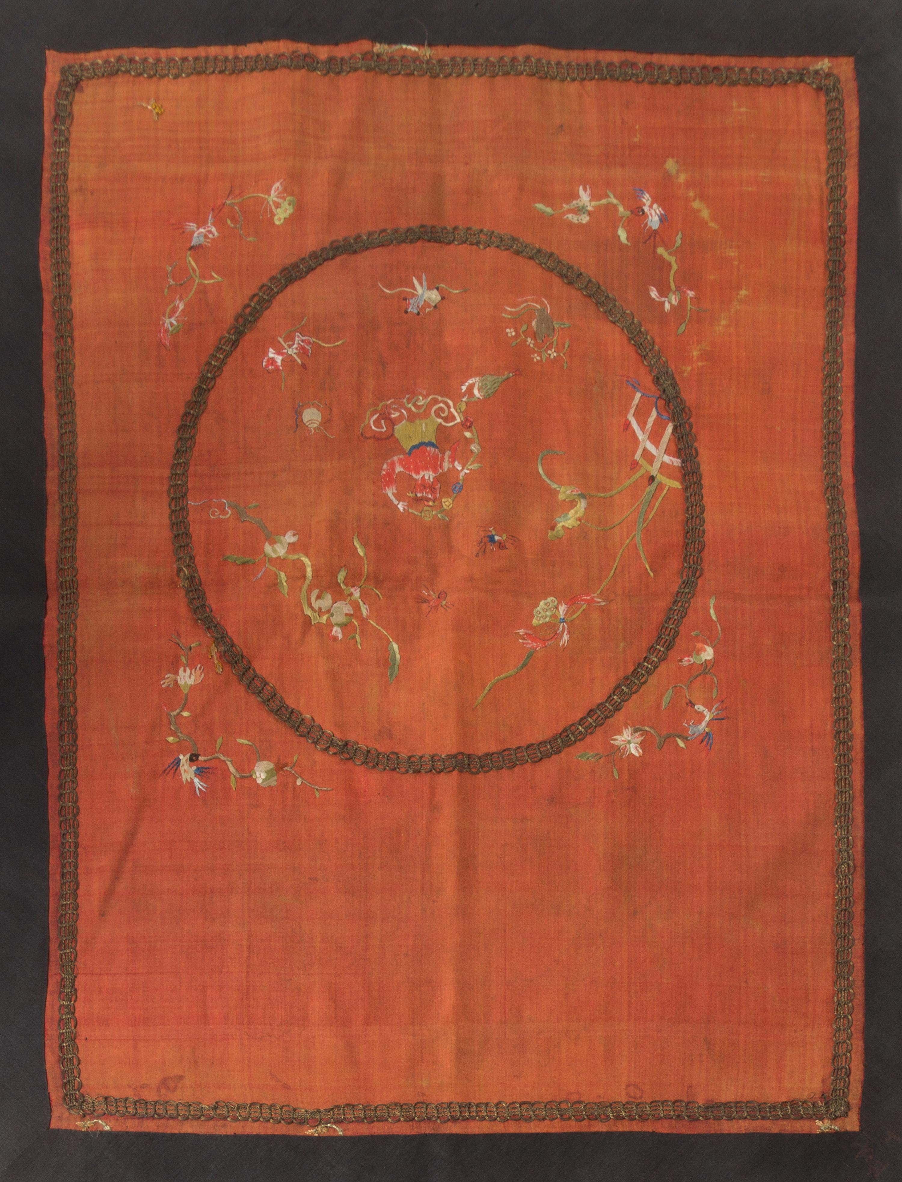 Six Chinese Embroidered Silk Panels Length of largest 26 5/8 inches.
