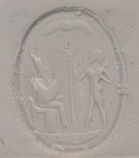 A Phoenician Carnelian Scaraboid with a Seated King and Hero