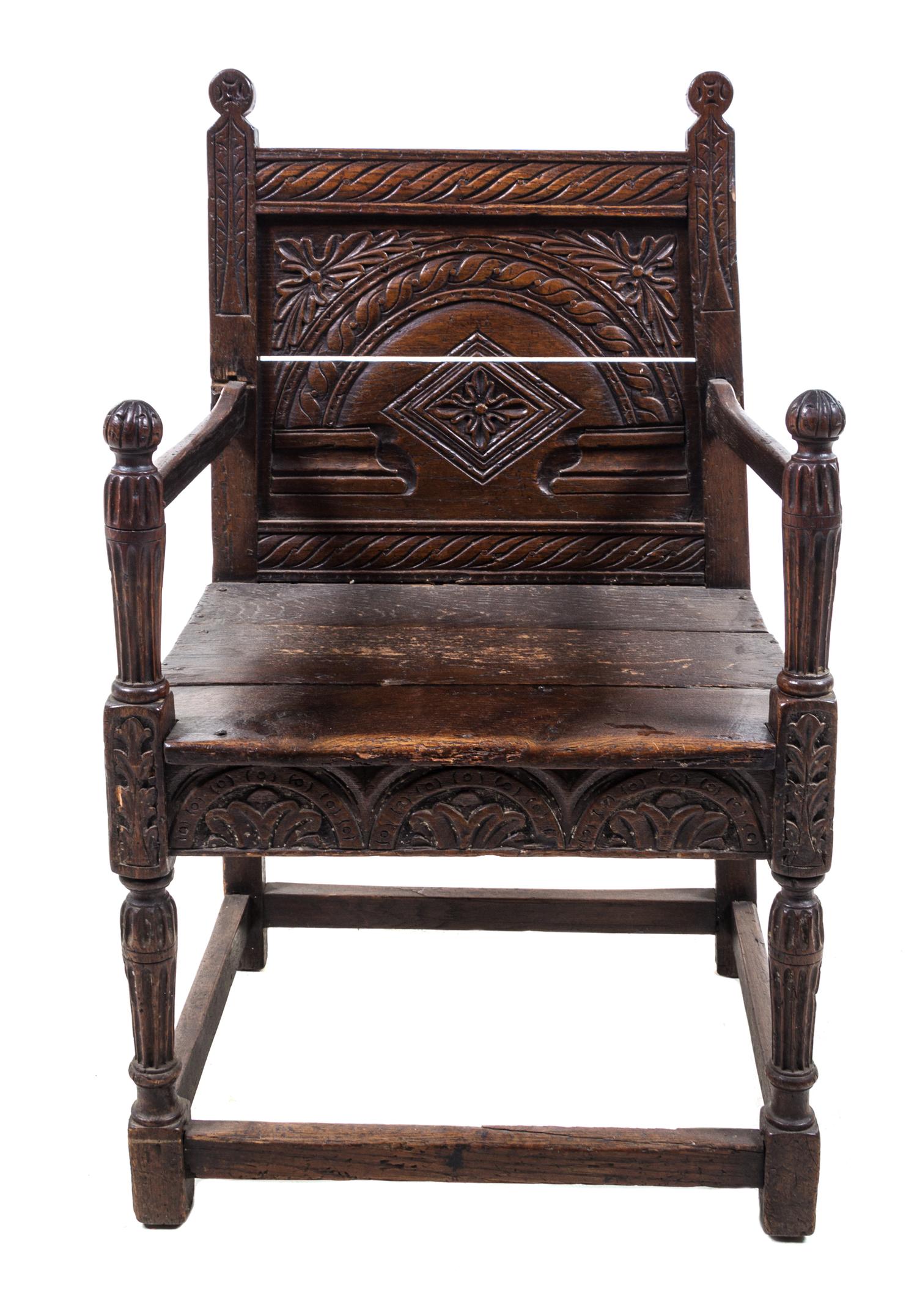 A Jacobean Oak Armchair Height 38 3/4 inches. — 17TH CENTURY