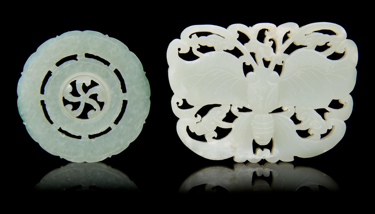 Two Carved Jade Pendants Length of first 3 inches.