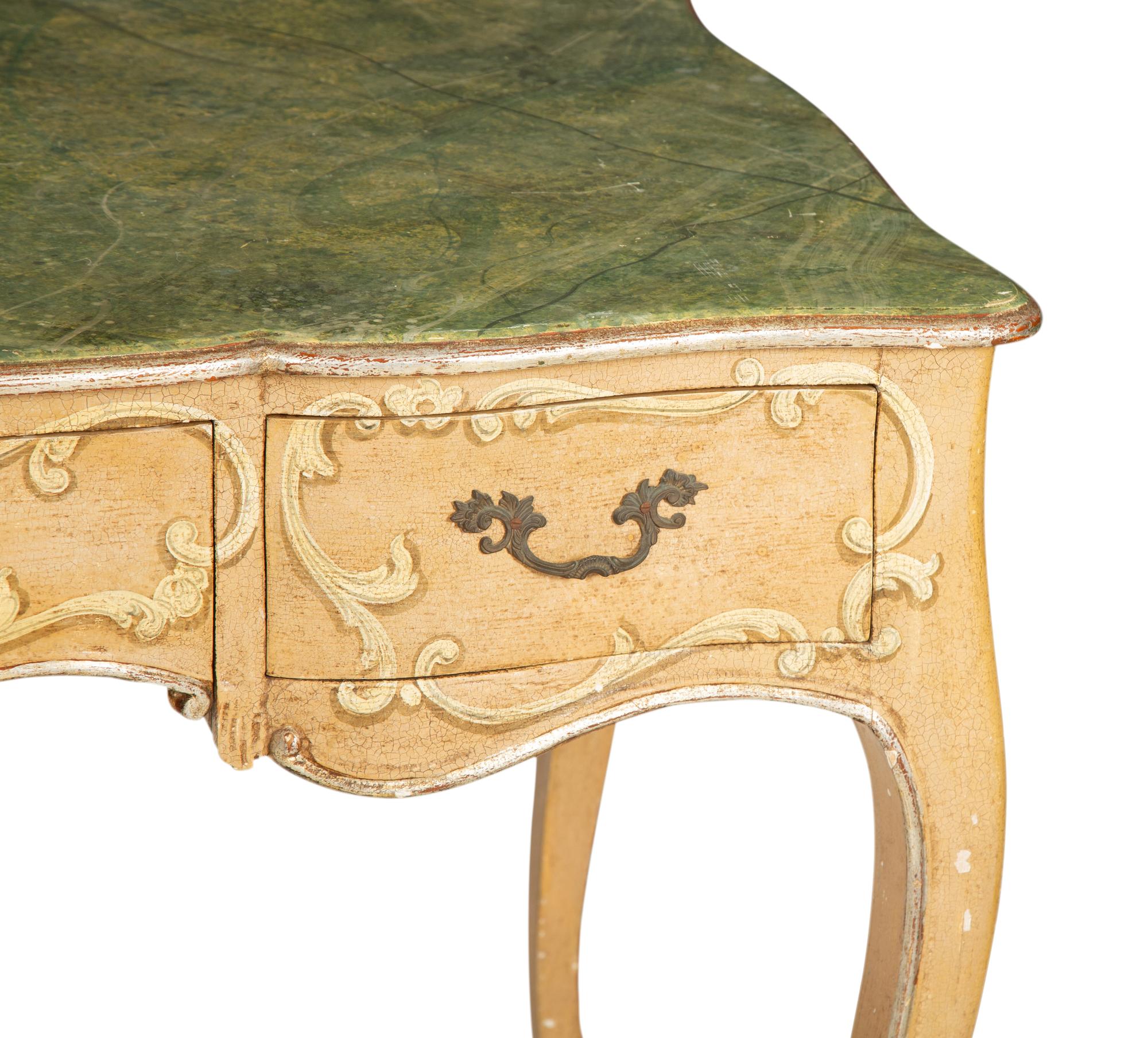 An Italian Painted and Parcel Gilt Writing Table with Faux Marble Top