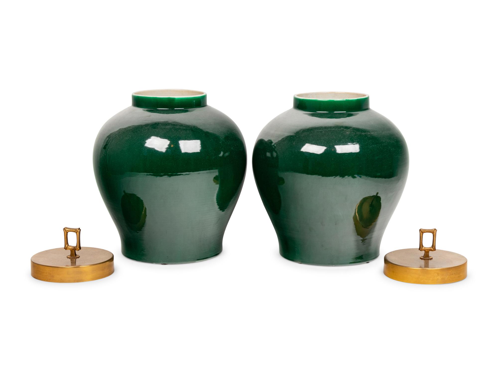 A Pair of Contemporary Green Glazed Porcelain Jars with Brass Lids
