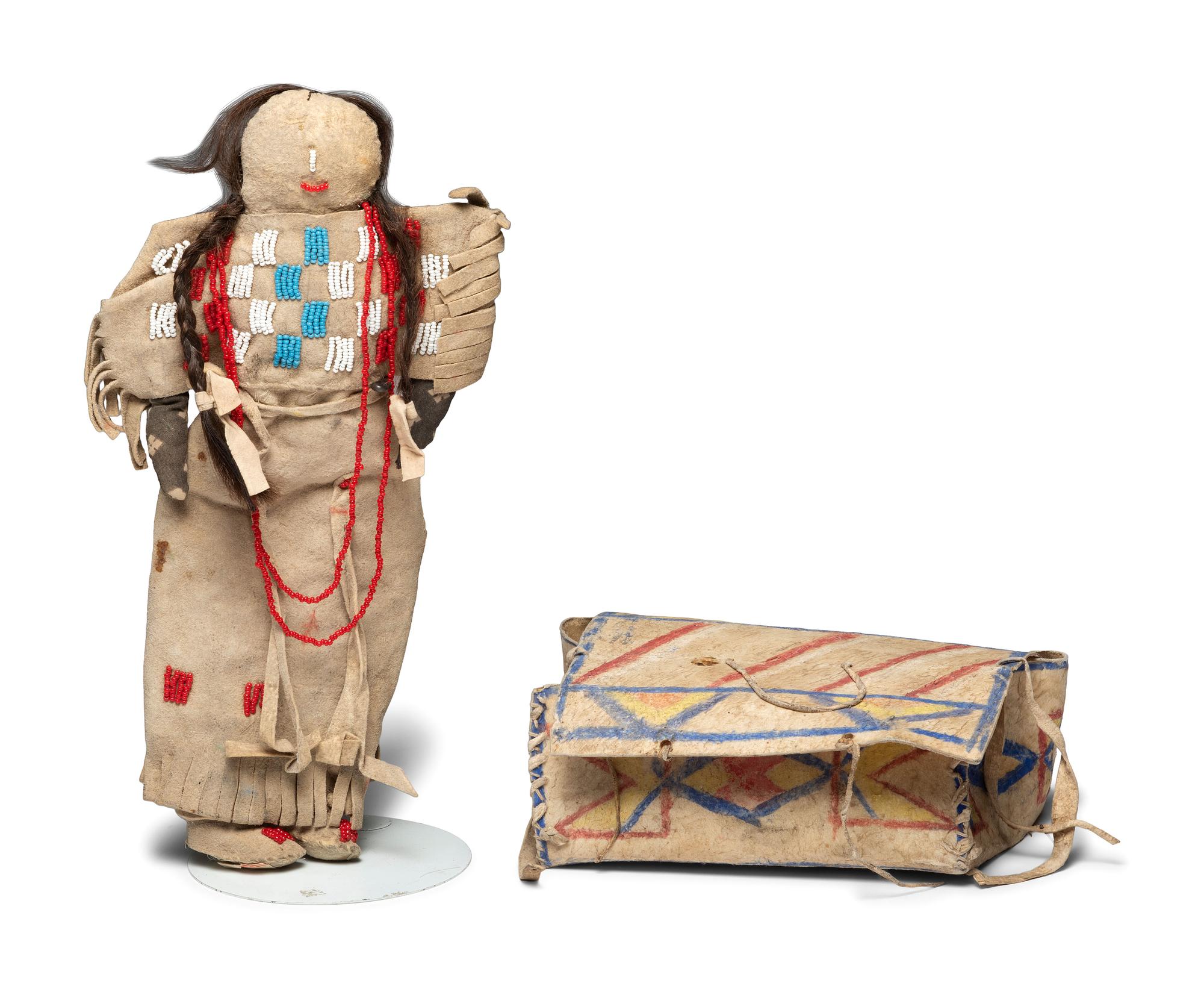 Sioux Parfleche Box and Northern Plains Beaded Hide Doll