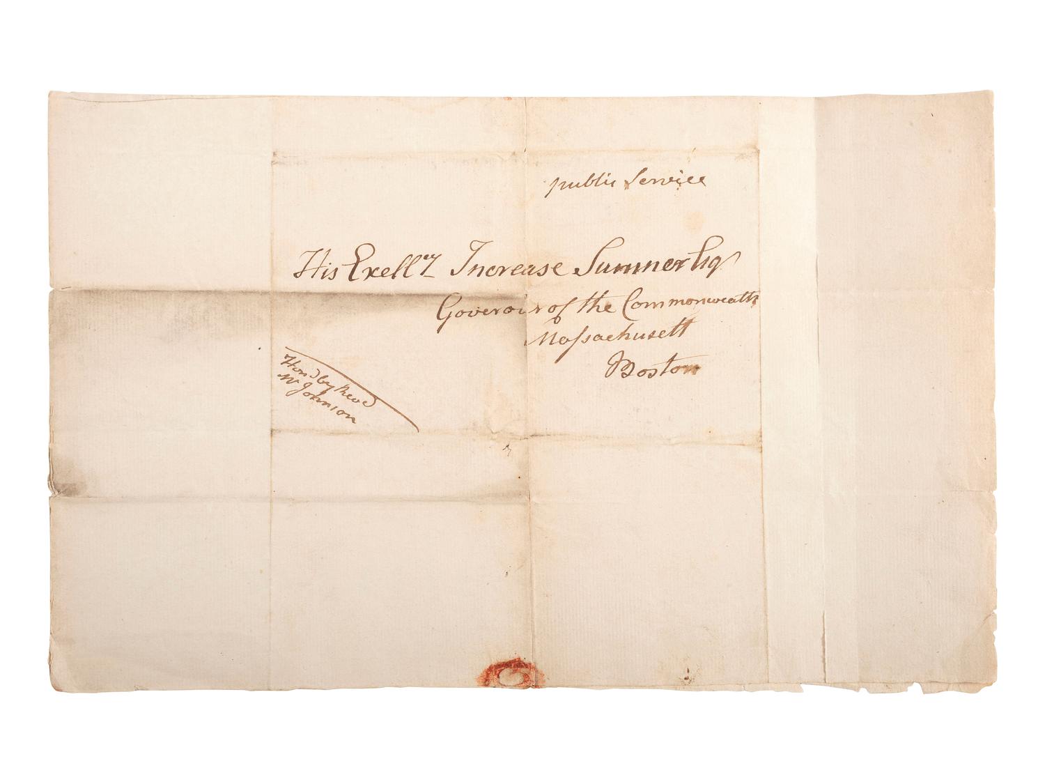 [MASSACHUSETTS]. GOODWIN II, Ichabod (1743-1829). Autograph letter signed ("Ichabod Goodwin"), to Increase Sumner, Governor of Massachusetts. Berwick, [MA], 7 September 1797.