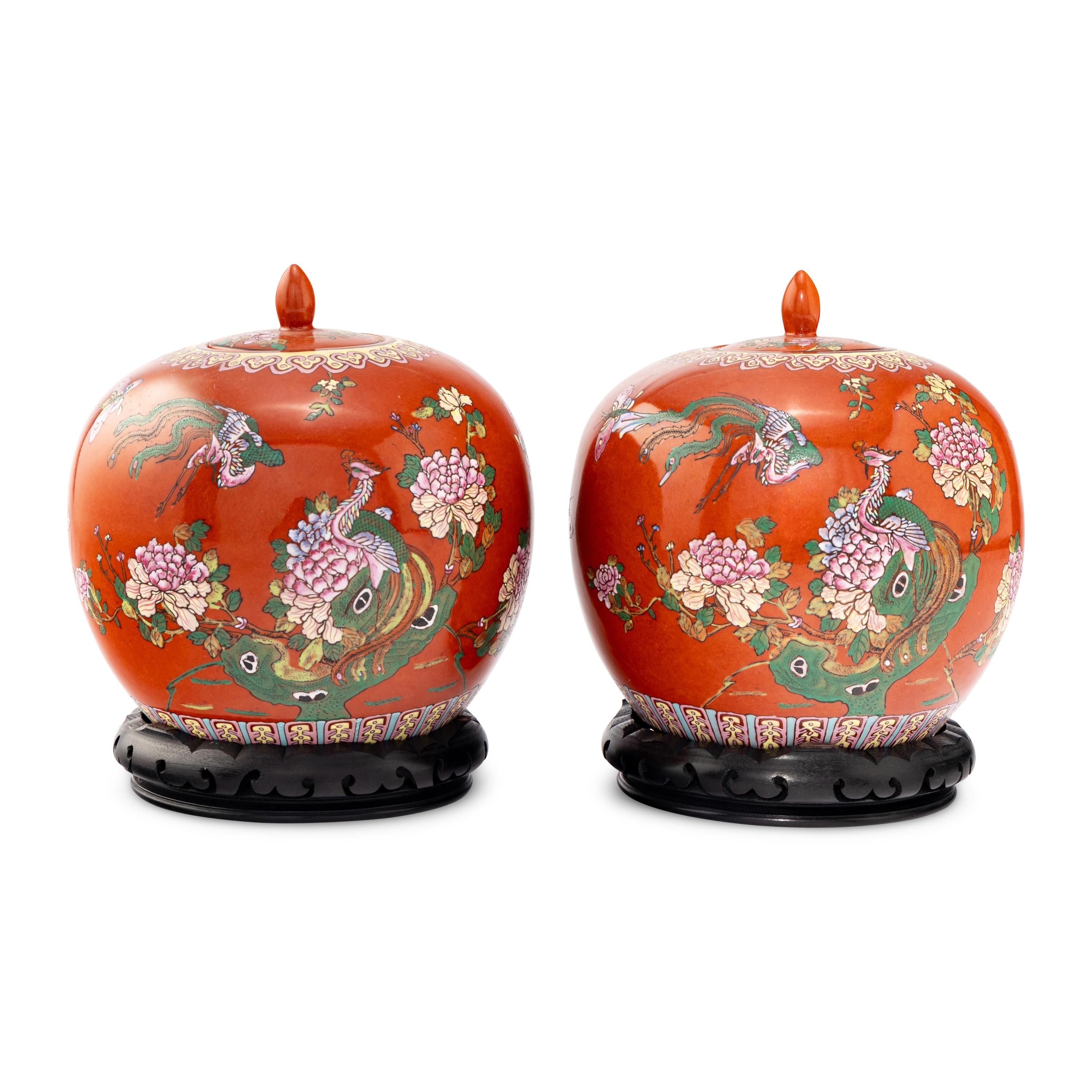 A Pair of Chinese Coral Red-Ground Famille Rose Porcelain Covered Jars