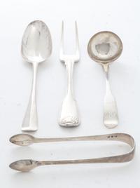 Four English Silver Serving Articles, various makers and dates, London, comprising a table spoon, carving fork, sugar tongs and a sauce