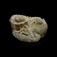 A Chinese carved greyish jade "Lotus, Crab and Fish" large brush washer 灰玉荷塘大洗子