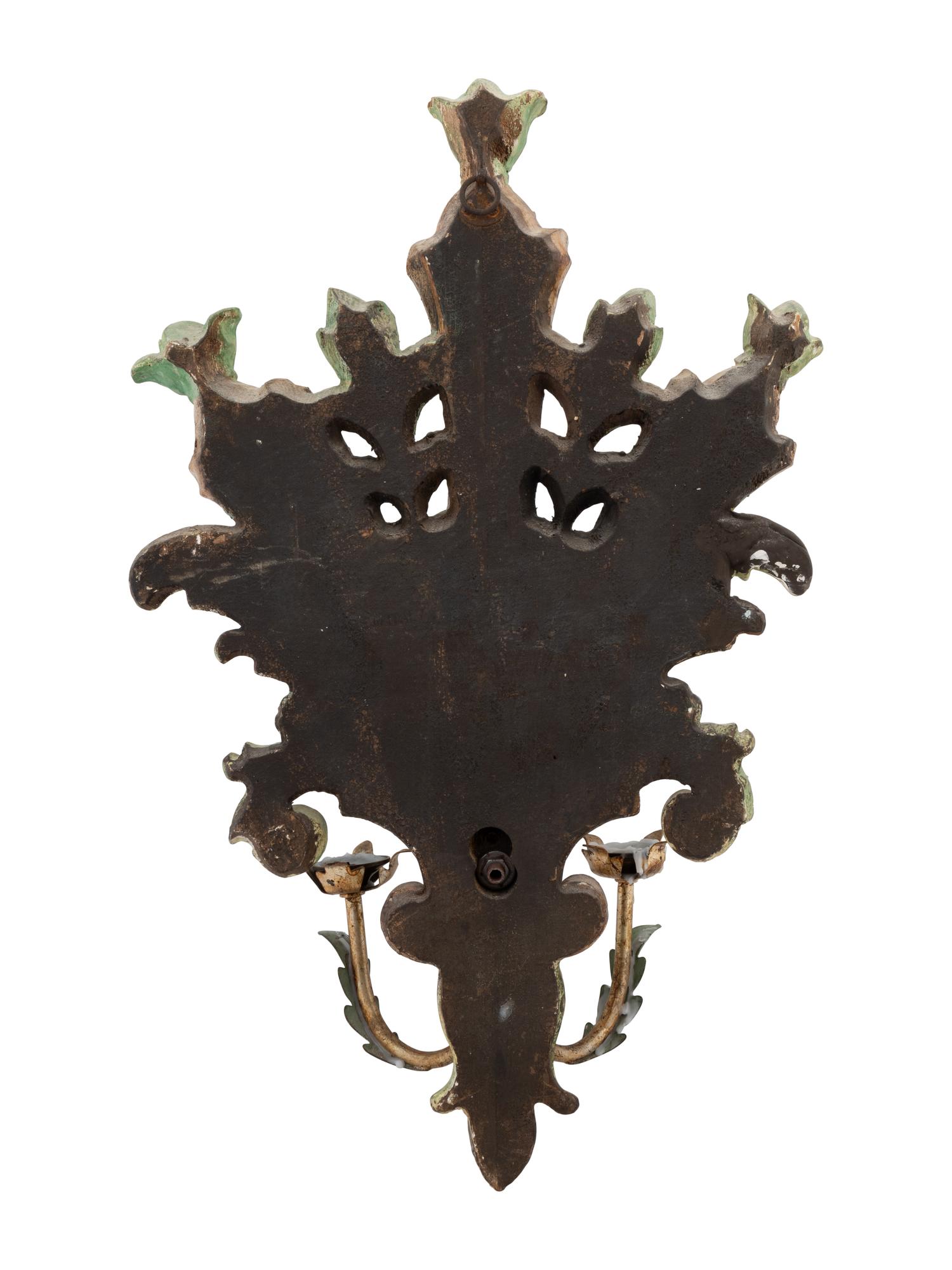 An Italian Painted Wood and Tole Three-Light Candle Sconce