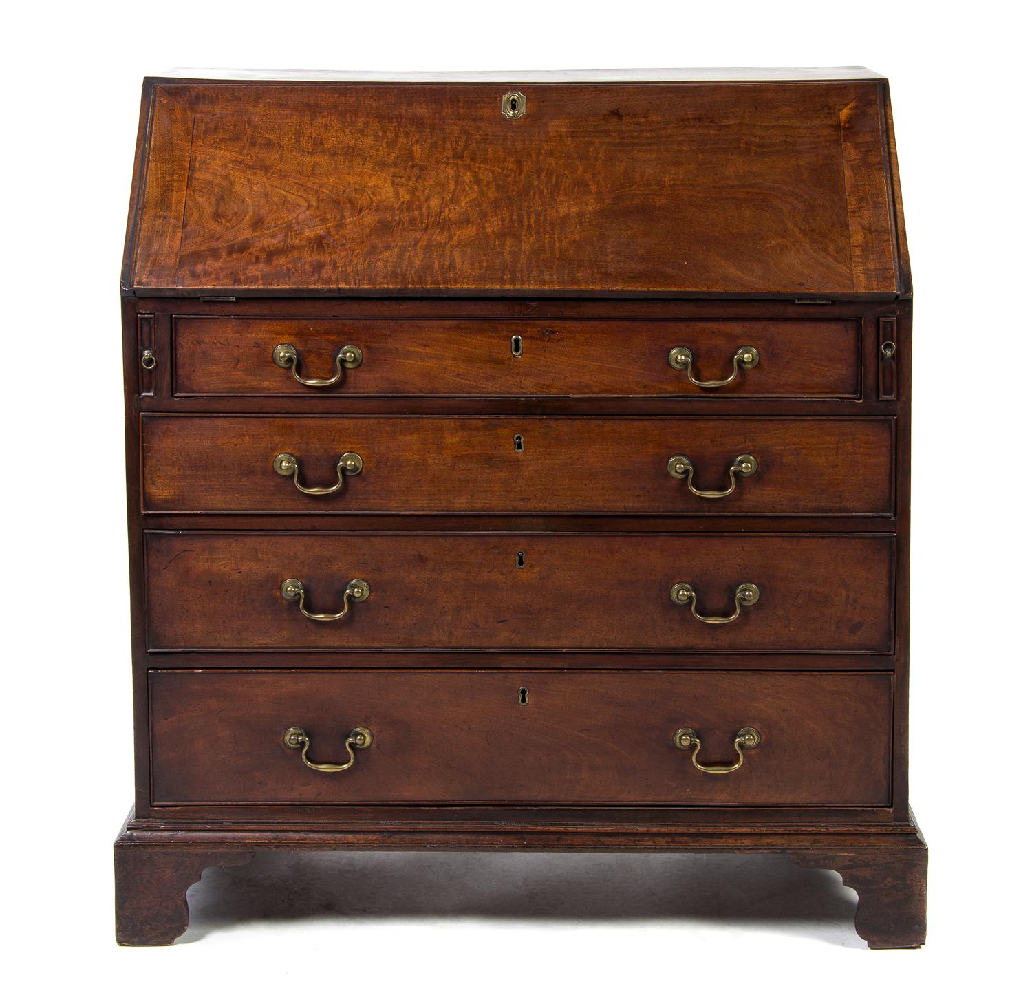 A George III Mahogany Slant Front Bureau, CIRCA 1800, Height 42 x width 38 x depth 19 1/2 inches. — CIRCA 1800,