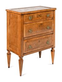 A North Italian Inlaid Walnut and Red Marble Inset Commodino