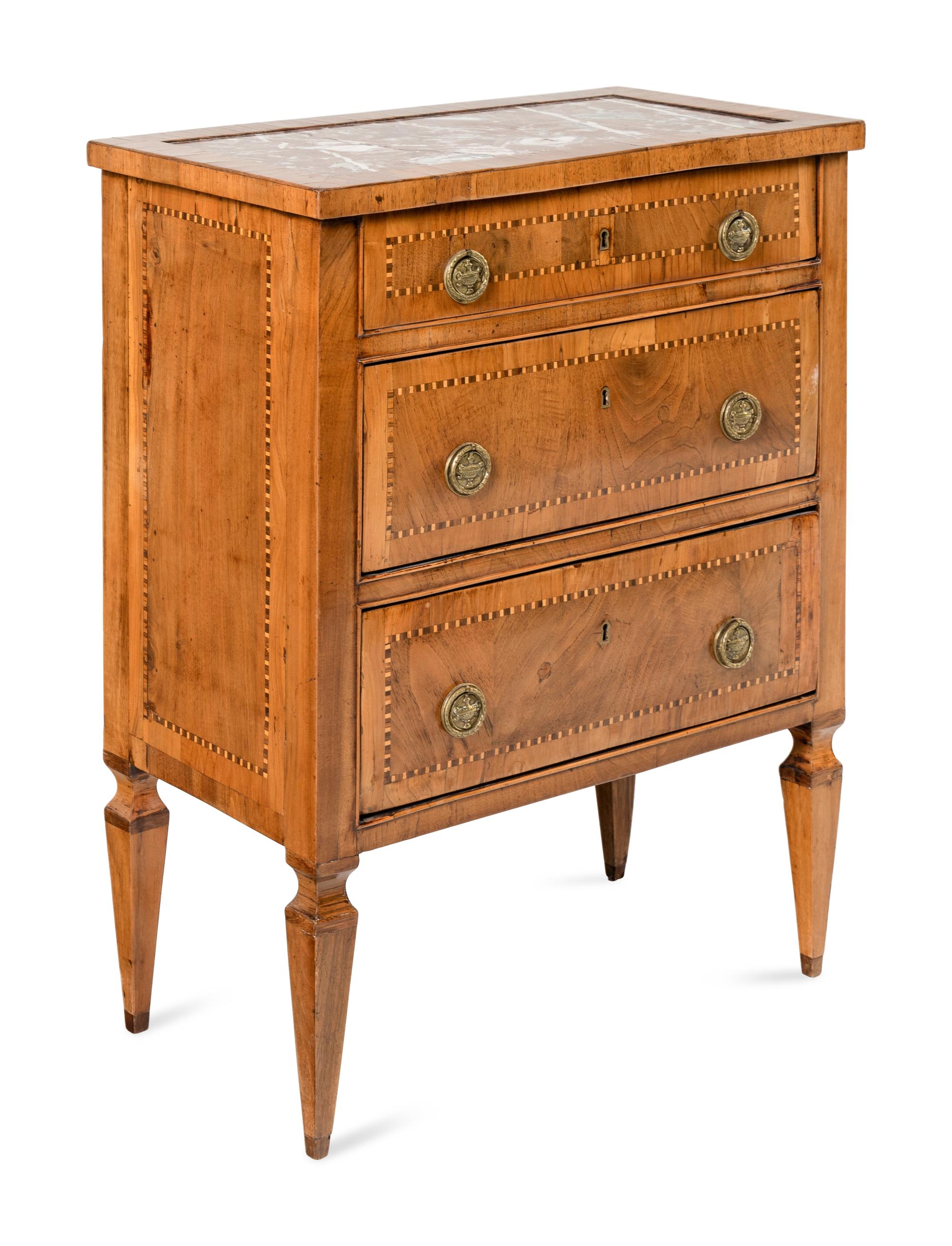 A North Italian Inlaid Walnut and Red Marble Inset Commodino