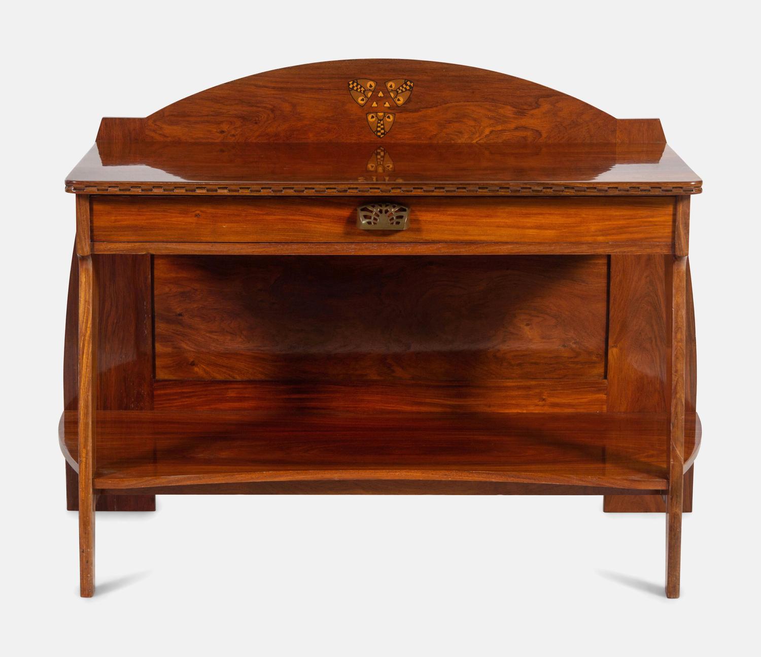 An Austrian Secessionist Inlaid Dining Suite, comprising a sideboard, a server, an extension dining table with five leaves, six side chairs and four armchairs