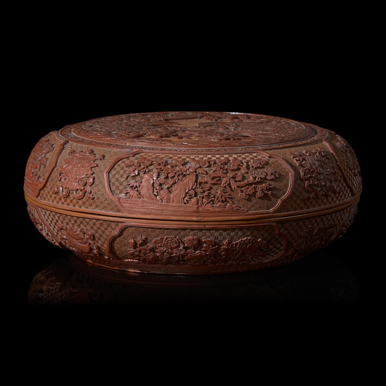 A Large Chinese Cinnabar Lacquer Circular Box and Cover, Late 19th/ Early 20th century 晚清民國 剔紅大捧盒