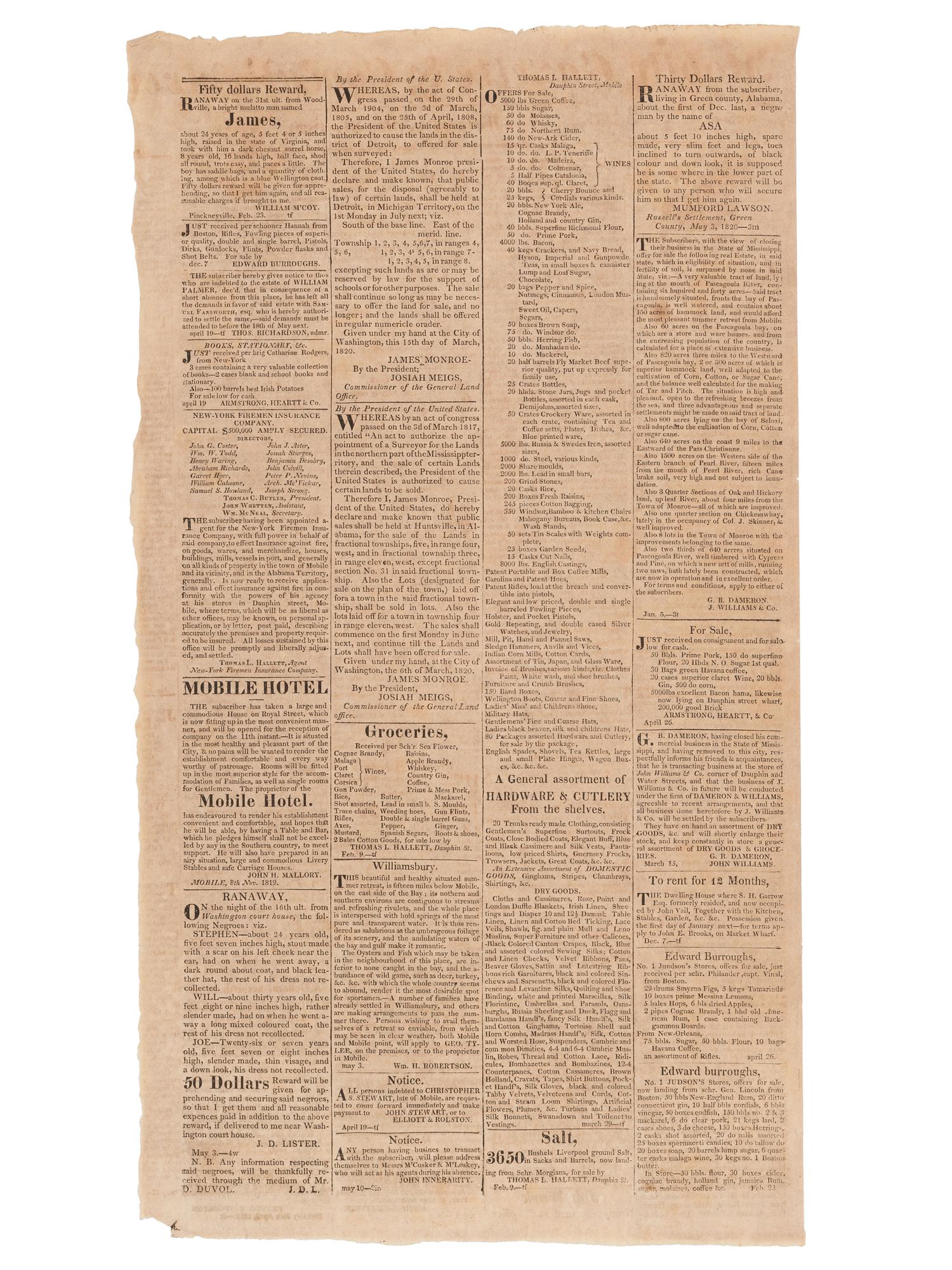 [ALABAMA STATEHOOD - AFRICAN AMERICANA]. Mobile Gazette & Commercial Advertiser. Vol. III, No. 64. Mobile, AL: 24 May 1820.