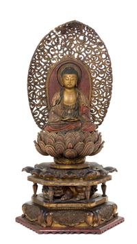 A Git and Polychrome Painted Wood Figure of Buddha Height 24 inches.