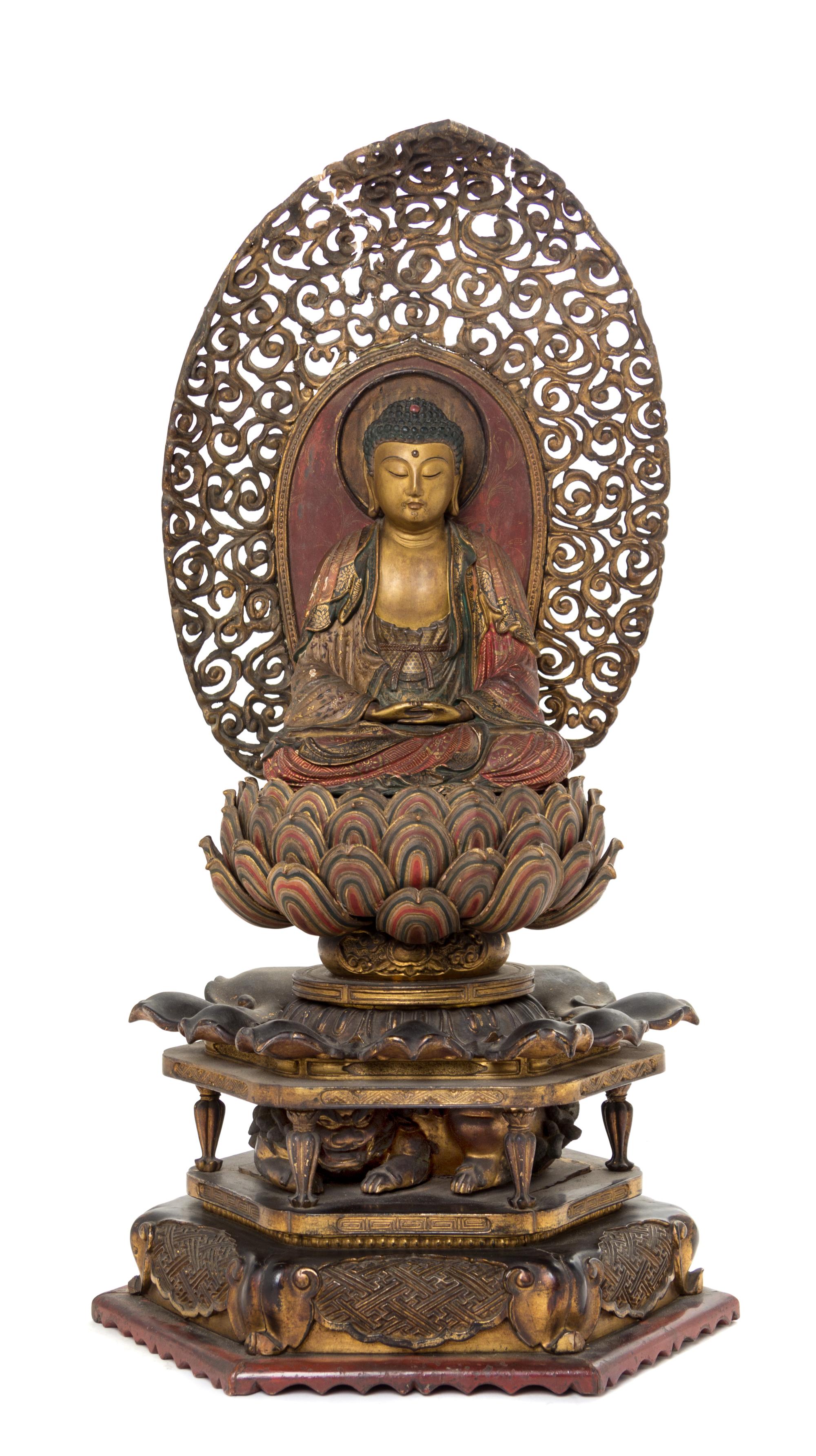 A Git and Polychrome Painted Wood Figure of Buddha Height 24 inches.