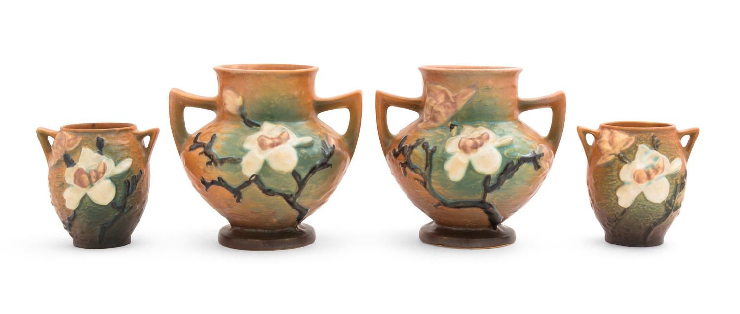 Two Pairs of Roseville Magnolia Pottery Vases Height of first pair 6 1/4 inches, second 4 inches.