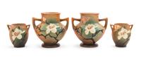 Two Pairs of Roseville Magnolia Pottery Vases Height of first pair 6 1/4 inches, second 4 inches.