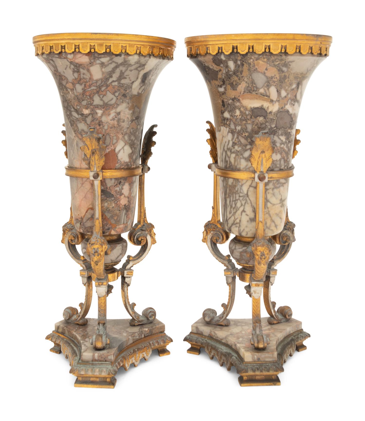 A Pair of Neoclassical Gilt Bronze Mounted Marble Vases