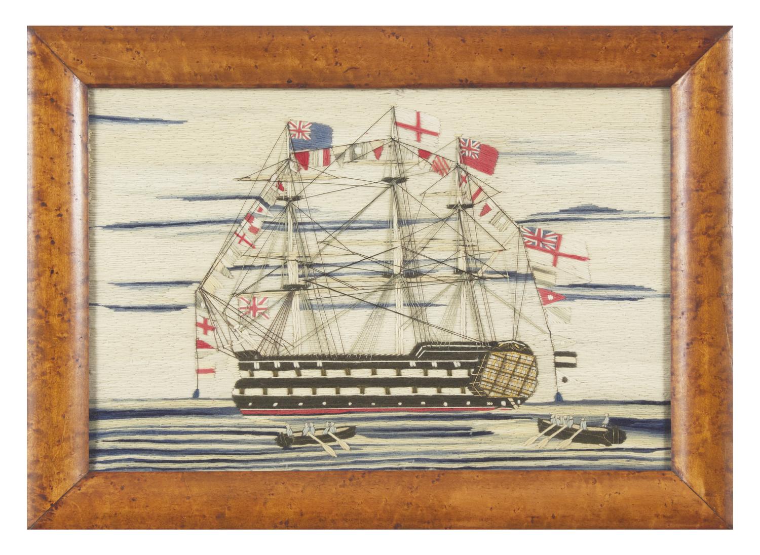 Two Sailor-Made Woolwork Pictures of Ships Festooned with Signal Flags, 19th Century