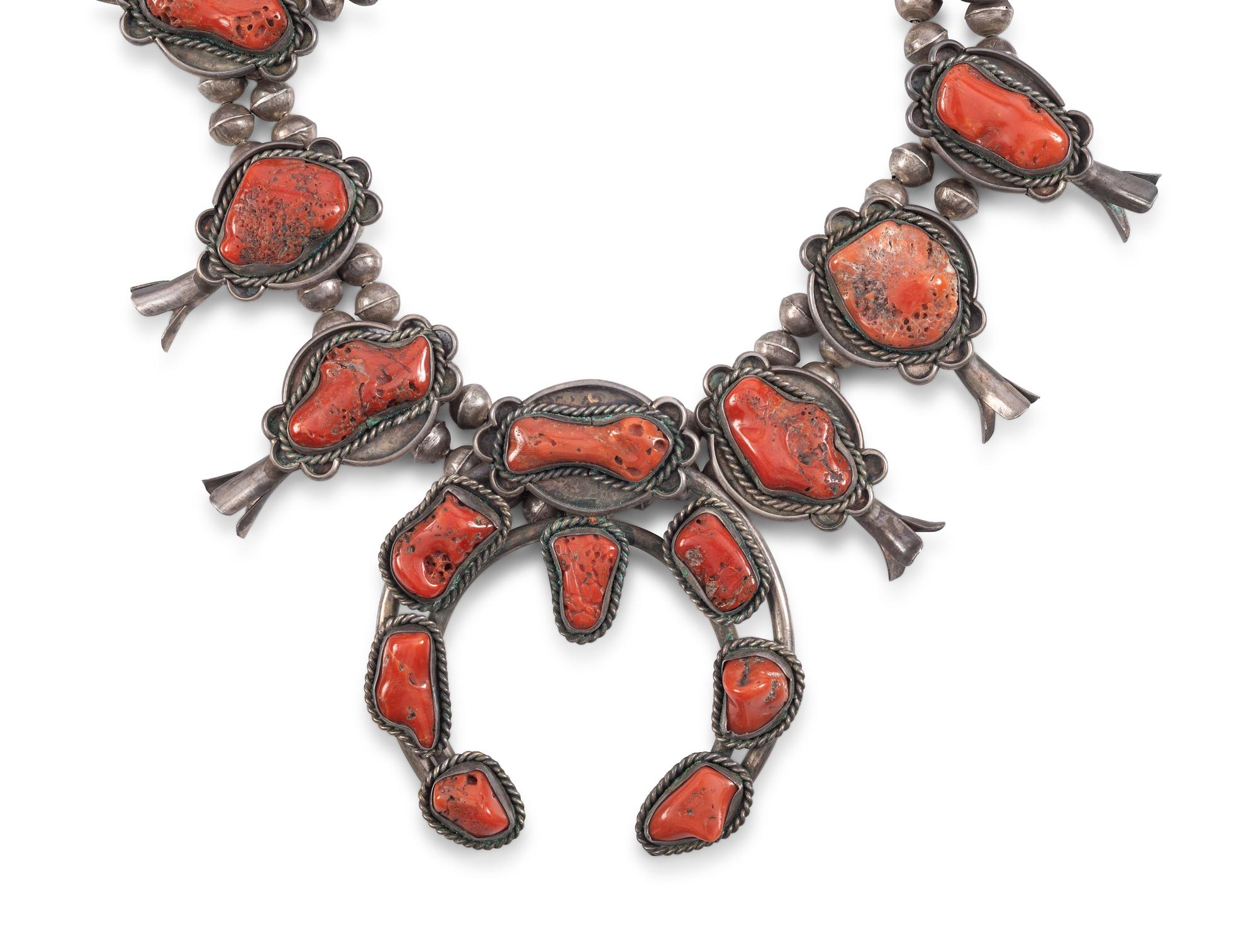 Navajo Silver and Coral Squash Blossom Necklace