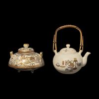 A Japanese Satsuma Type Enameled Pottery Miniature Kettle and a Koro, Meiji Period