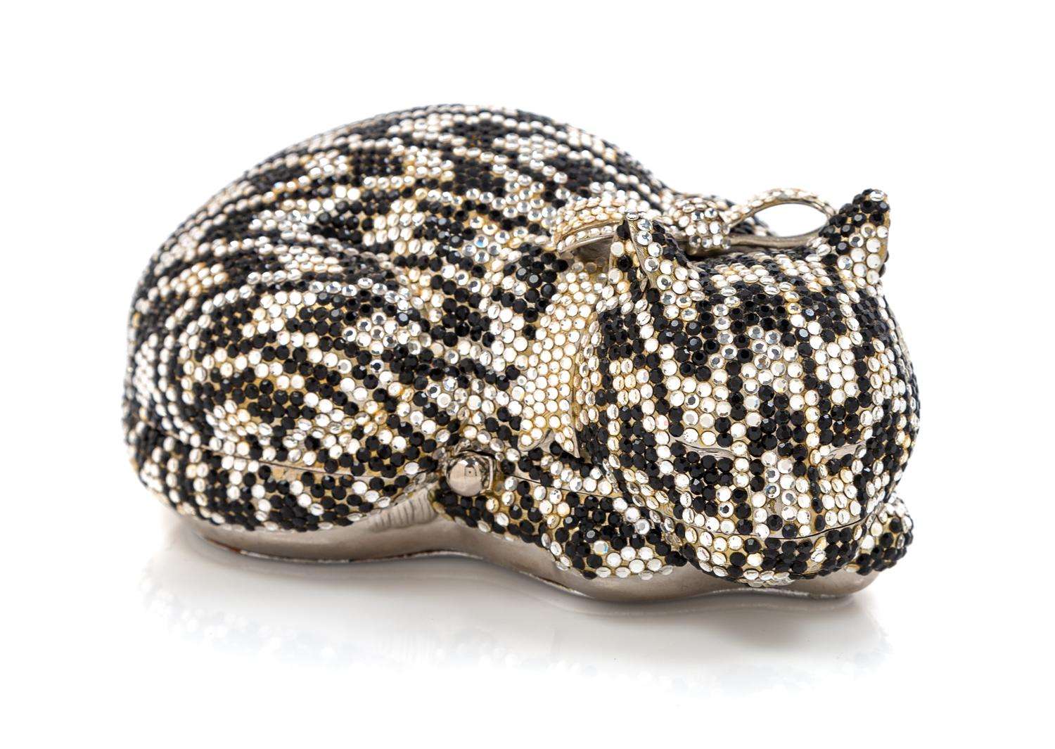 A Judith Leiber Sleeping Cat Minaudiere, 6" x 3" x 4".