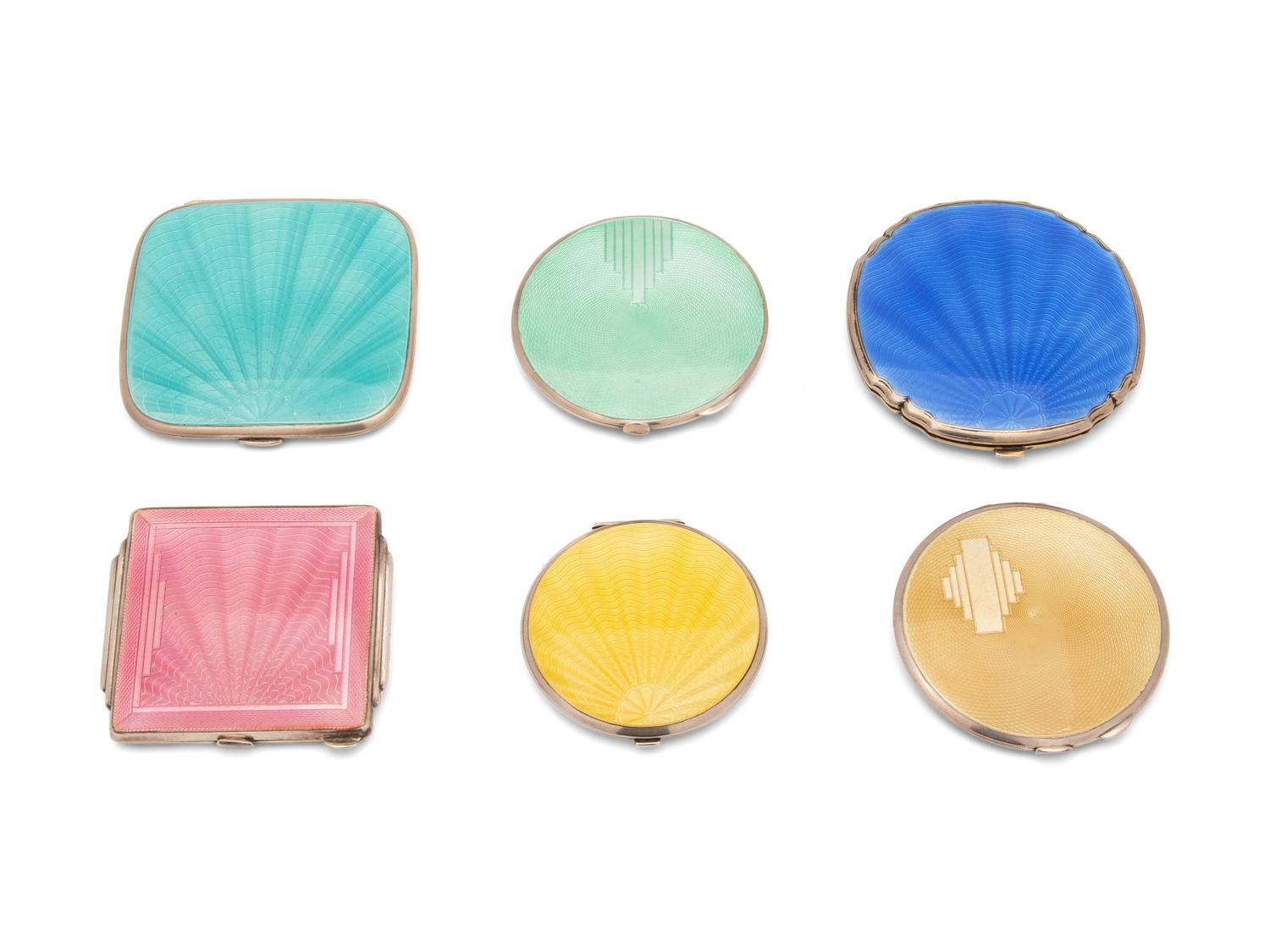 Six English Art Deco Guilloche Enamel Silver Compacts