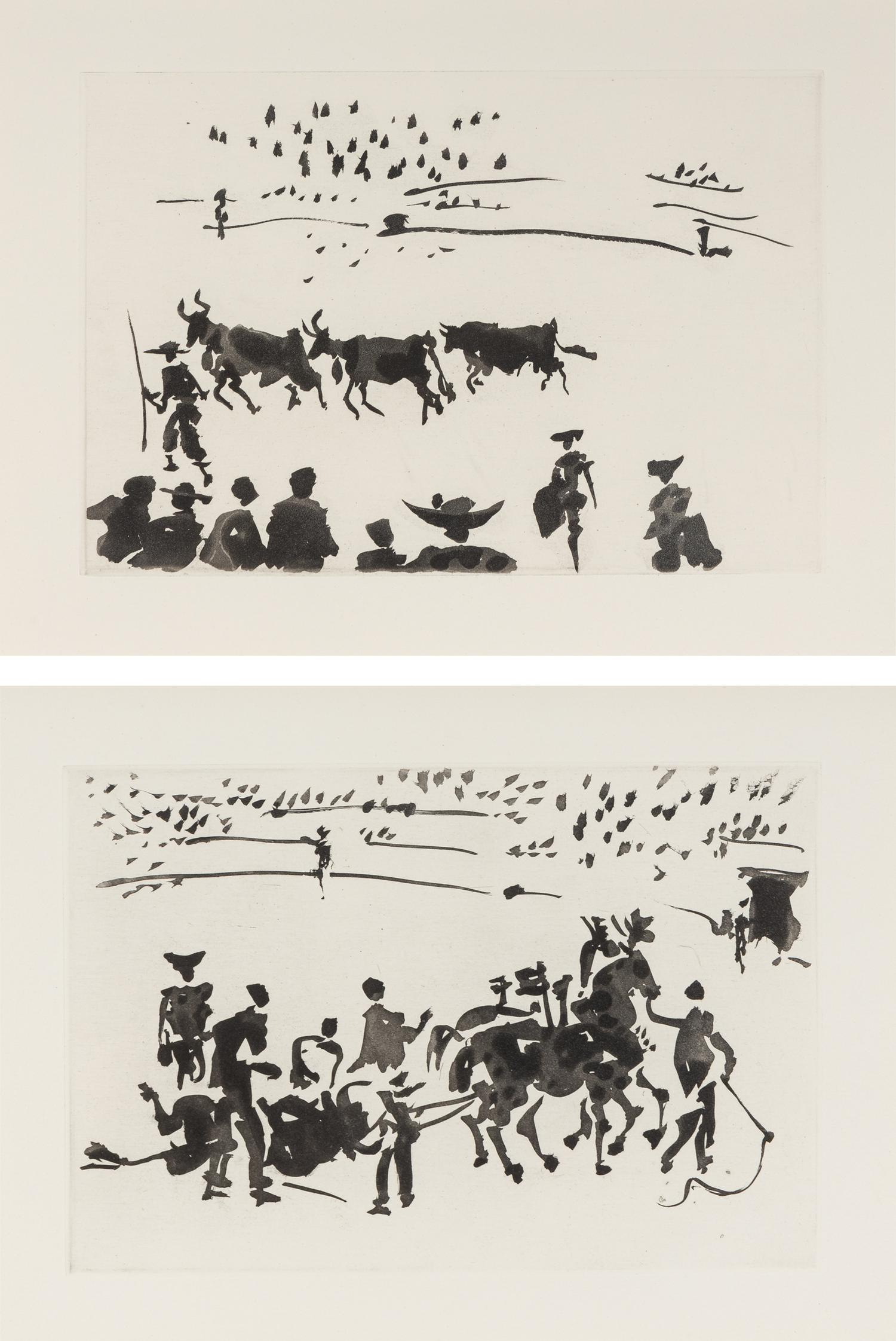 A pair of prints ( El Arrastre ; Los Cabestros retiran al Toro Manso ) from ' José Delgado: La Tauromaquia ', 1957