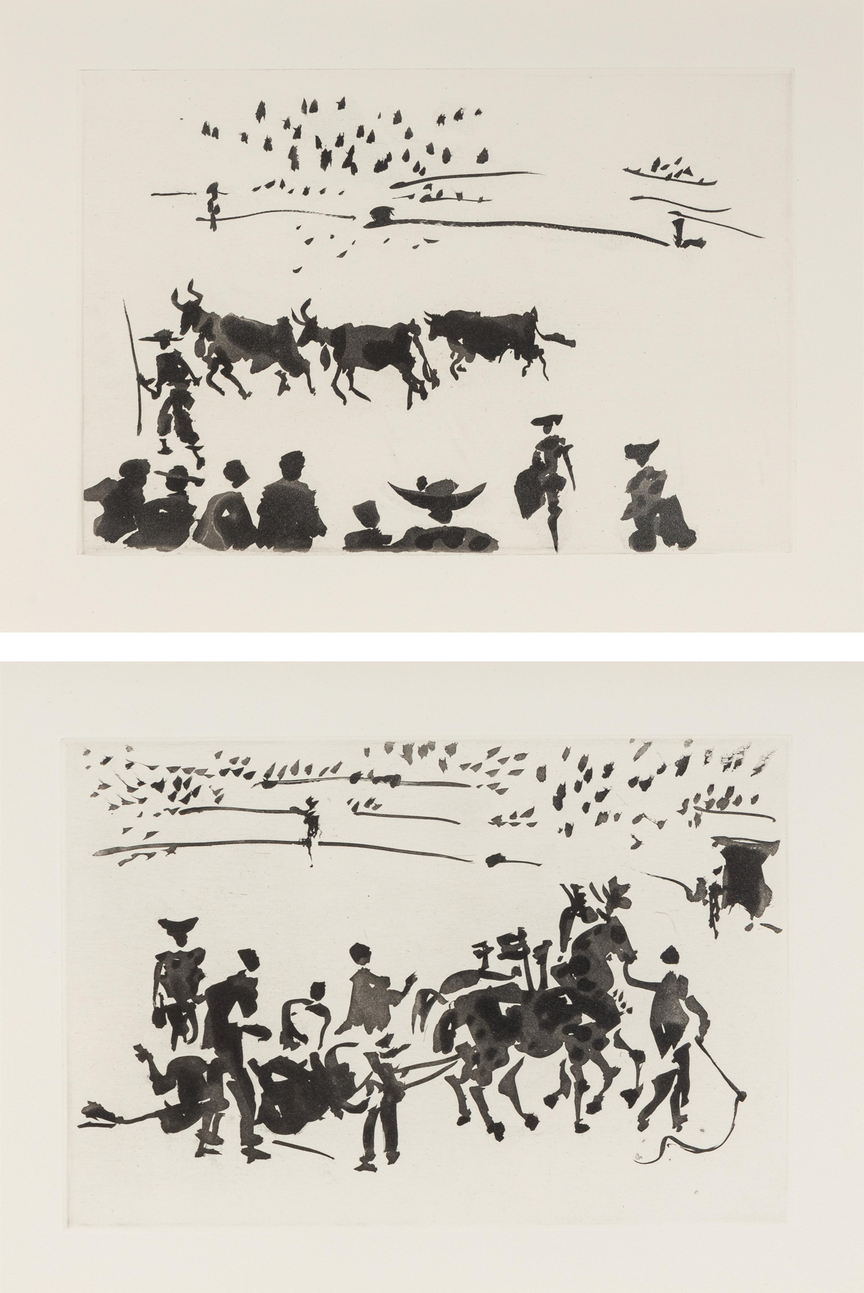 A pair of prints ( El Arrastre ; Los Cabestros retiran al Toro Manso ) from ' José Delgado: La Tauromaquia ', 1957