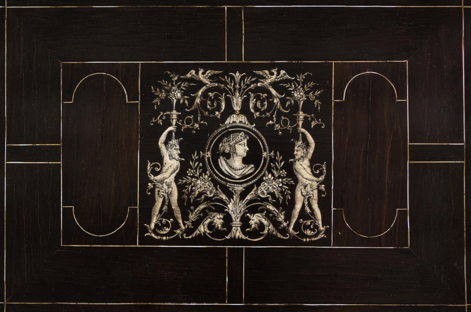 An Italian Ebony and Marquetry Table and Mirror Height 29 1/4 x width 20 3/4 x depth 19 inches. — 19TH CENTURY