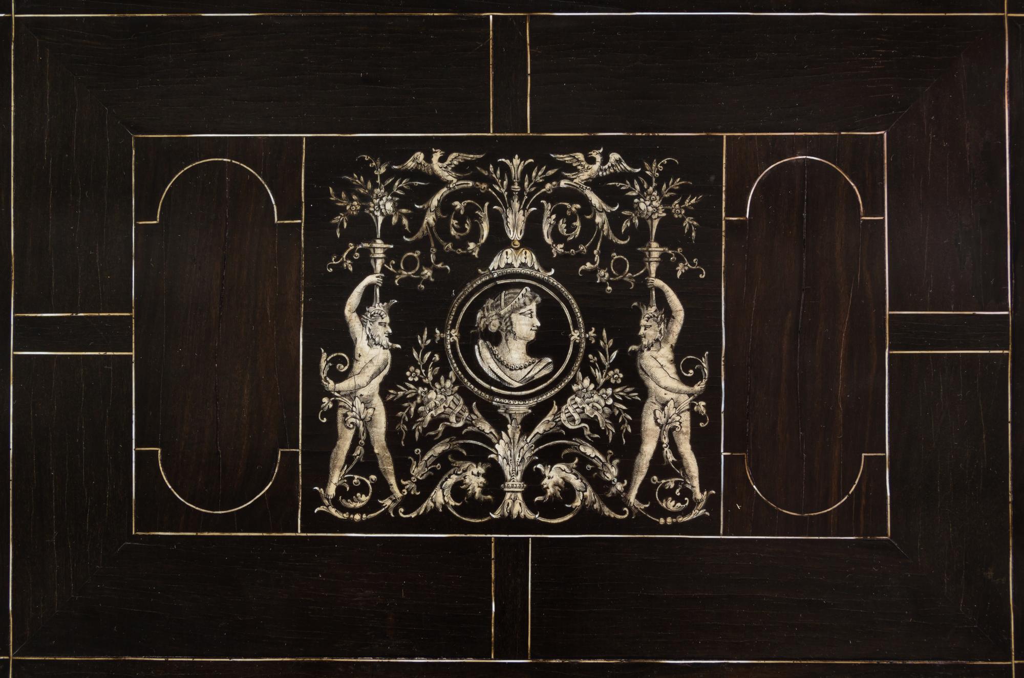 An Italian Ebony and Marquetry Table and Mirror Height 29 1/4 x width 20 3/4 x depth 19 inches. — 19TH CENTURY