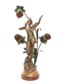 An Art Nouveau Cast Metal Three-Light Newel Post Lamp, AFTER C. BONNEFOND, Height overall 30 7/8 inches. — AFTER C. BONNEFOND,