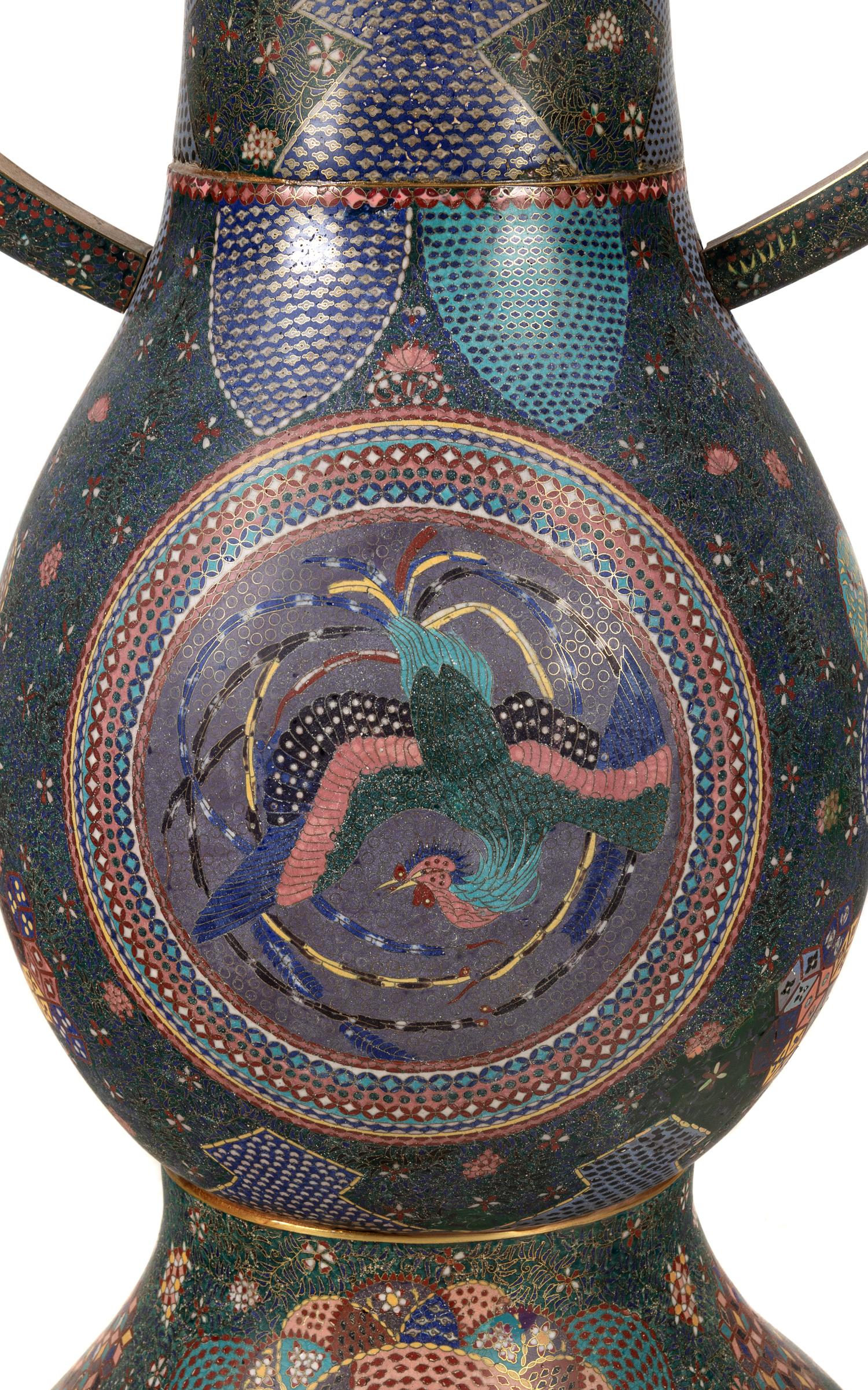 A Large Pair of Japanese Cloisonne Enamel Vases