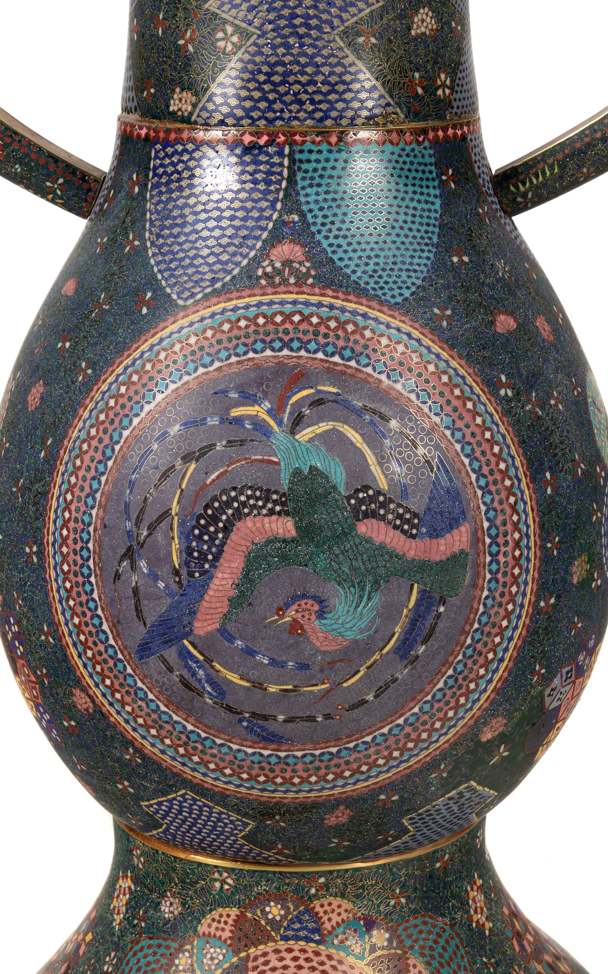 A Large Pair of Japanese Cloisonne Enamel Vases