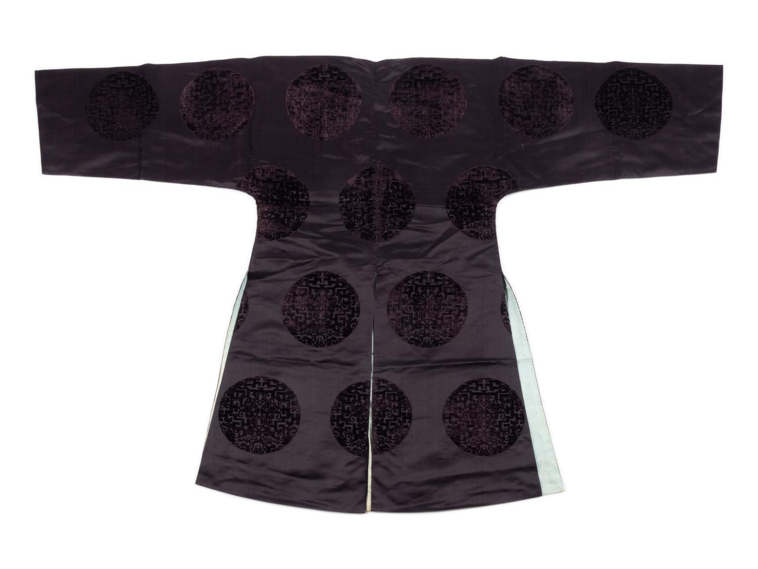 An Aubergine Silk and Cut Velvet Informal Surcoat