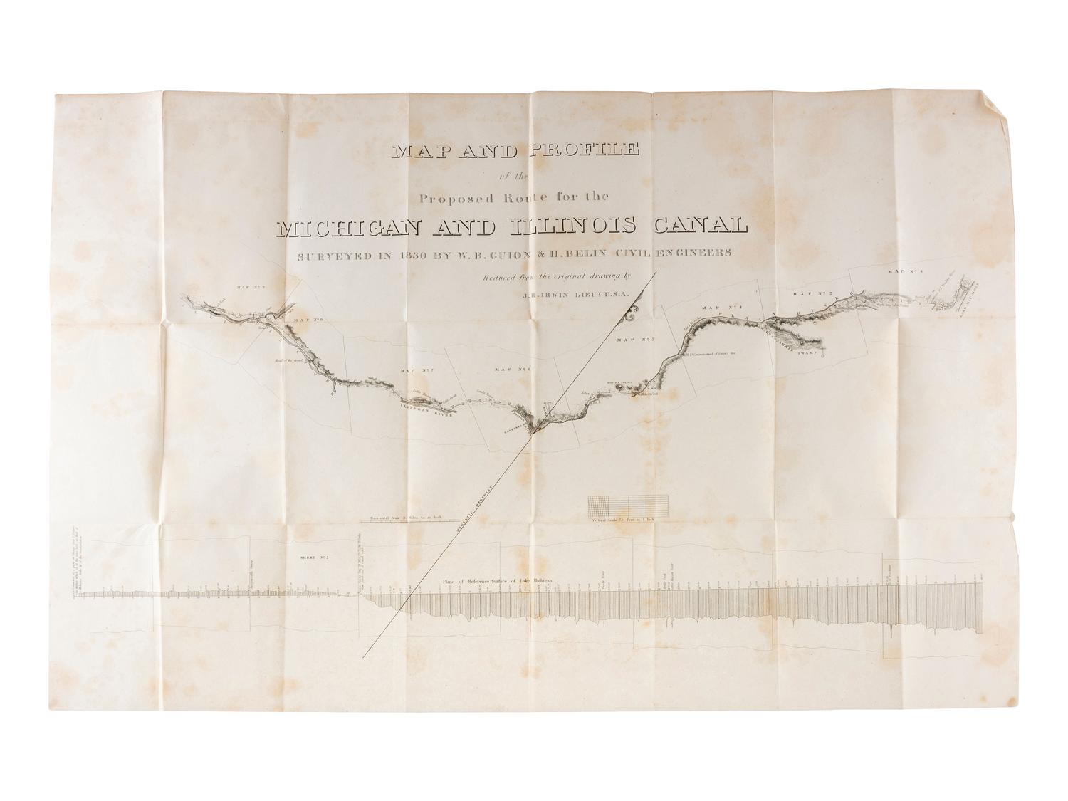 [TRANSPORTATION] -- [CANALS]. A group of maps and pamphlets related to early 19th-century Midwest transportation routes including a Map and Profile of the Proposed Route for the Michigan and Illinois Canal.