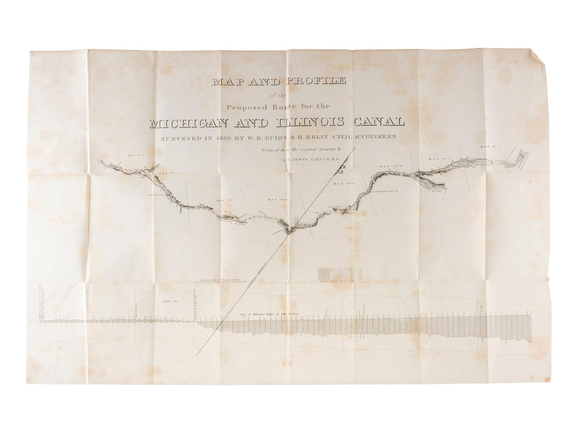 [TRANSPORTATION] -- [CANALS]. A group of maps and pamphlets related to early 19th-century Midwest transportation routes including a Map and Profile of the Proposed Route for the Michigan and Illinois Canal.
