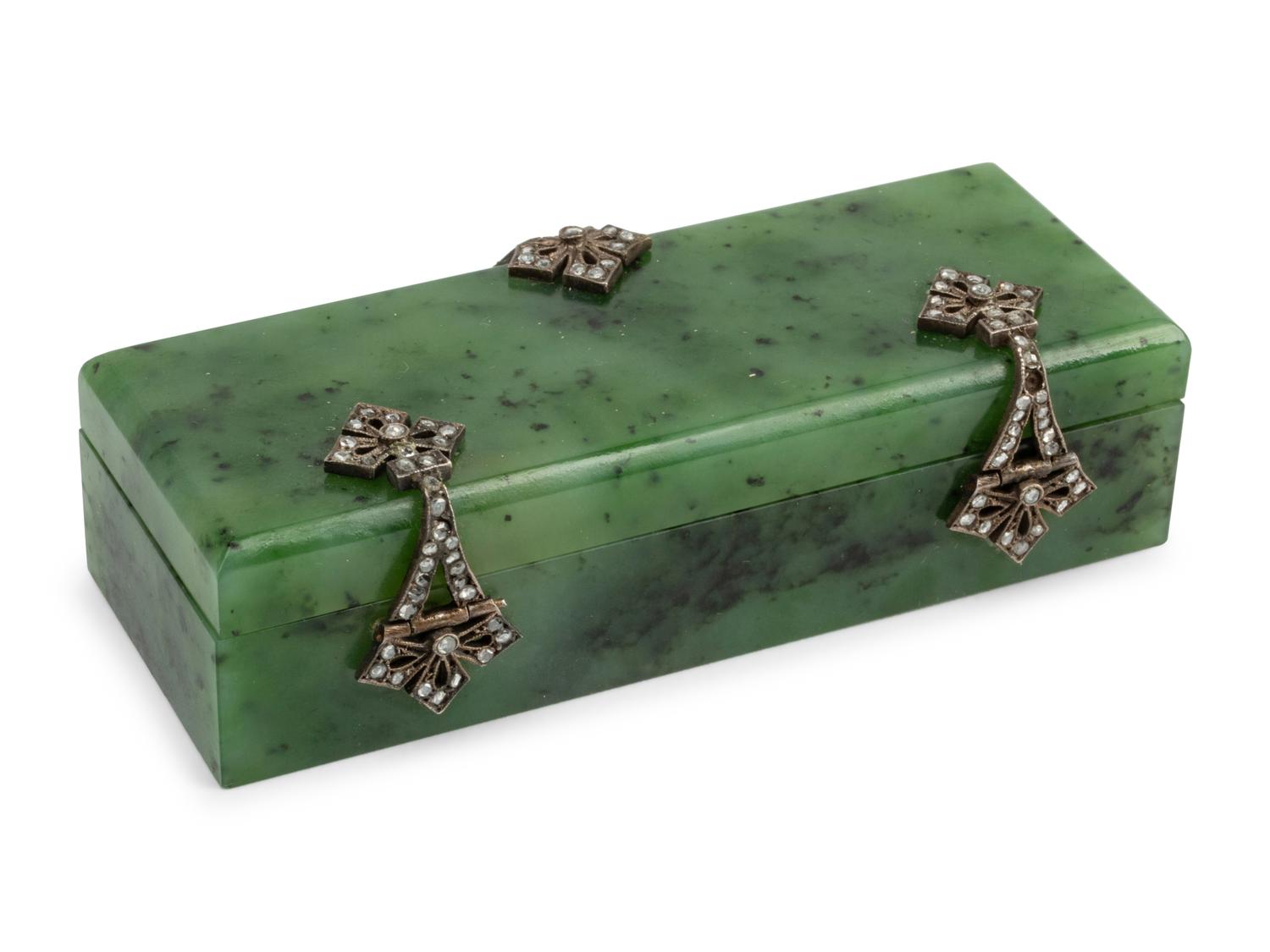 A Silver and Diamond Mounted Hardstone Box